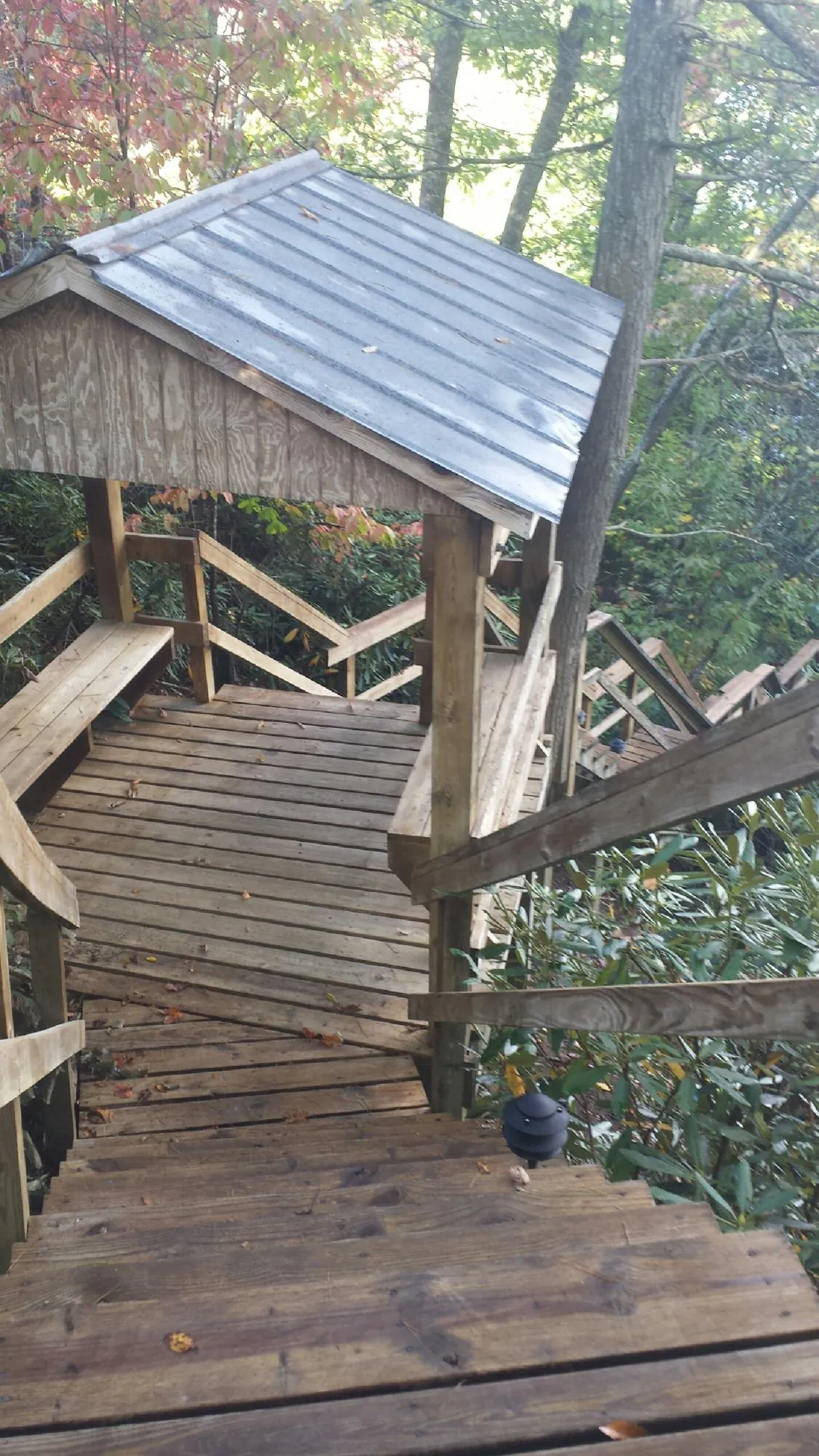 Metal roofed shelter over wooden steps on a wooded walkway — Skylight Repair & Installation work by our crew in Harrietta